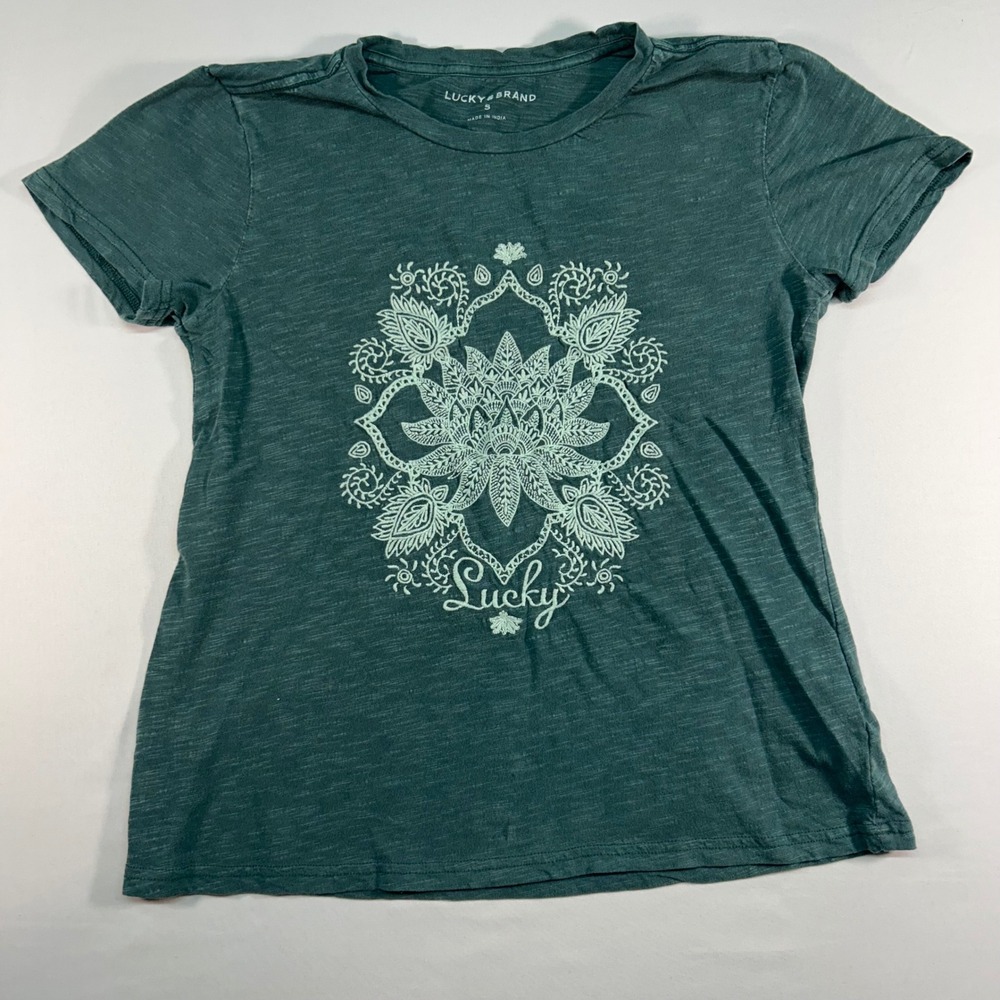 Lucky Brand Womens Teal Slub Cotton Embroidered Mandala Graphic Tee Shirt Small
